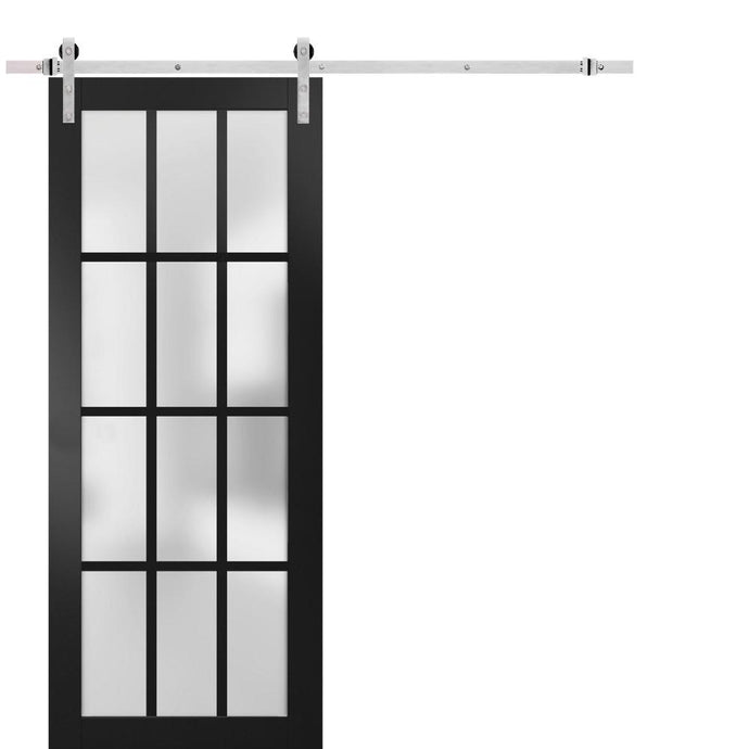 Sturdy Barn Door 12 lites Frosted Glass | Felicia 3312 | Matte Black - Ginger Ash (6 ft Railing) Silver Rail / 18’’