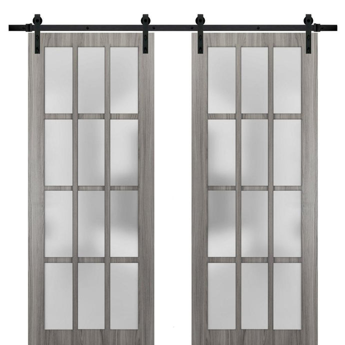 Sturdy Double Barn Door Frosted Glass 12 Lites | Felicia 3312 | Ginger Ash Grey - Ginger Ash (6 ft Railing) Black Rail