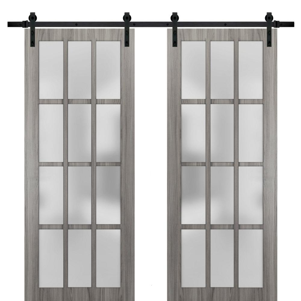 Sturdy Double Barn Door Frosted Glass 12 Lites | Felicia 3312 | Ginger Ash Grey - Ginger Ash (6 ft Railing) Black Rail