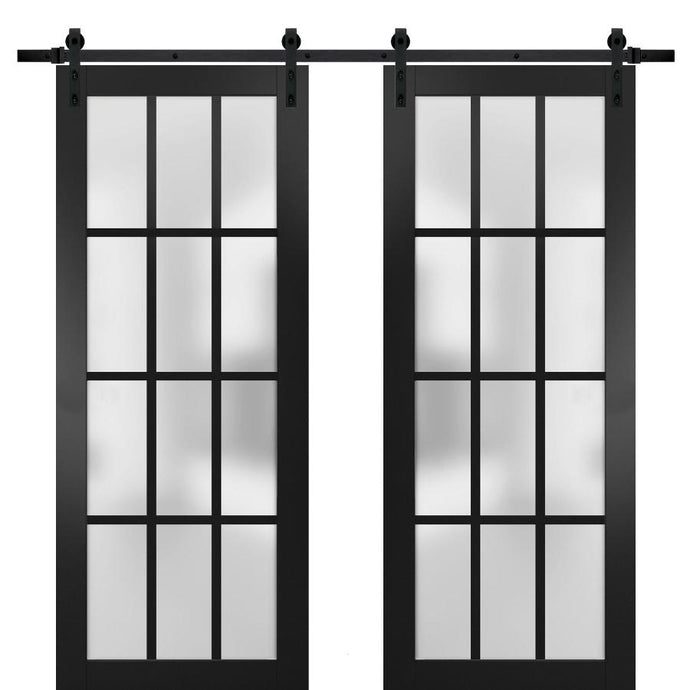 Sturdy Double Barn Door Frosted Glass 12 Lites | Felicia 3312 | Matte Black - Matte Black (6 ft Railing) 36’’ x