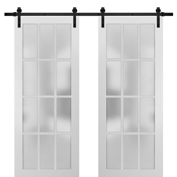 Sturdy Double Barn Door Frosted Glass 12 Lites | Felicia 3312 | Matte White - White Silk (6 ft Railing) Black Rail