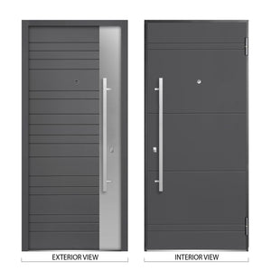 Front Exterior Prehung Steel Door | Right Side Black Glass | Deux 0729 | Gray Graphite - Home Doors