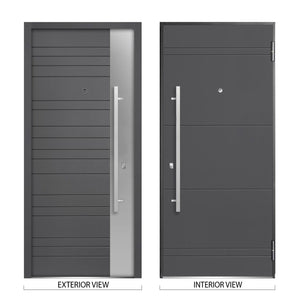 Front Exterior Prehung Steel Door | Left Side Black Glass | Deux 0729 | Gray Graphite