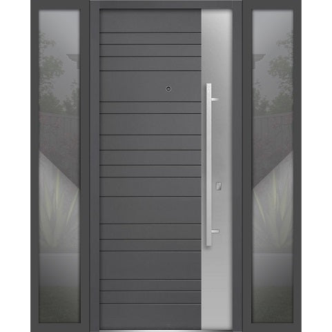 Front Exterior Prehung Steel Door | Right & Left Side Black Glass | Deux 0729 | Gray Graphite