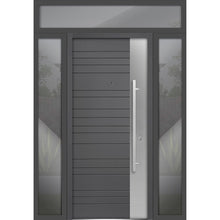 Load image into Gallery viewer, Front Exterior Prehung Steel Door | Top, Right &amp; Left Side Black Glass | Deux 0729 | Gray Graphite