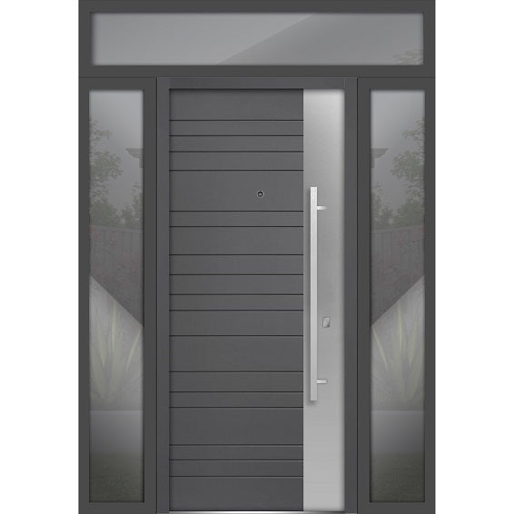 Front Exterior Prehung Steel Door | Top Right & Left Side Black Glass | Deux 0729 | Gray Graphite - 12 + 36 + 12’’