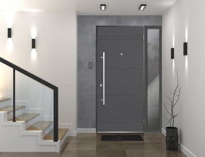 Front Exterior Prehung Steel Door | Left Side Black Glass | Deux 0729 | Gray Graphite