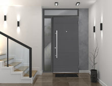 Load image into Gallery viewer, Front Exterior Prehung Steel Door | Top &amp; Right Side Black Glass | Deux 0729 | Gray Graphite