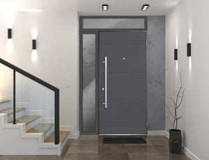 Front Exterior Prehung Steel Door | Top & Right Side Black Glass | Deux 0729 | Gray Graphite