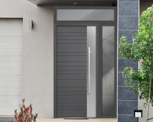 Load image into Gallery viewer, Front Exterior Prehung Steel Door | Top &amp; Right Side Black Glass | Deux 0729 | Gray Graphite