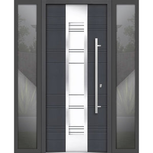 Front Exterior Prehung Steel Door | Right & Left Side Black Glass | Deux 0757 | Gray Graphite - 12 + 36 + 12’’ x