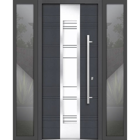 Front Exterior Prehung Steel Door | Right & Left Side Black Glass | Deux 0757 | Gray Graphite