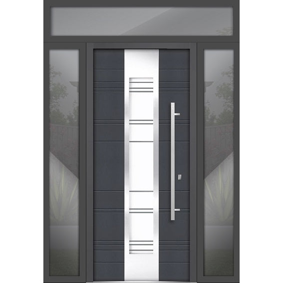 Front Exterior Prehung Steel Door | Top Right & Left Side Black Glass | Deux 0757 | Gray Graphite - 12 + 36 + 12’’