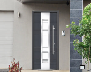 Front Exterior Prehung Frosted Glass Steel Door | Deux 0757 | Gray Graphite - Home Doors