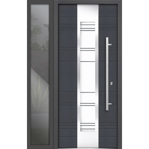 Front Exterior Prehung Steel Door | Left Side Black Glass | Deux 0757 | Gray Graphite