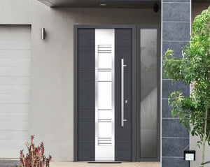 Front Exterior Prehung Steel Door | Right Side Black Glass | Deux 0757 | Gray Graphite - Home Doors