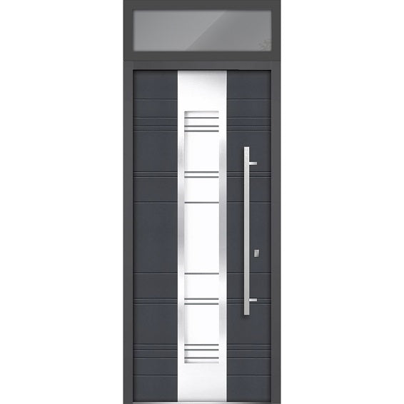 Front Exterior Prehung Steel Door | Top Side Black Glass | Deux 0757 | Gray Graphite - 36’’ x 80 + 16’’