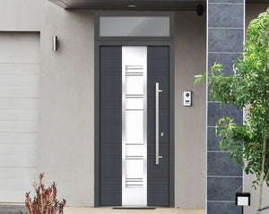 Front Exterior Prehung Steel Door | Top Side Black Glass | Deux 0757 | Gray Graphite - Home Doors