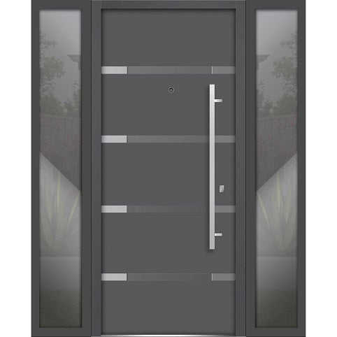 Front Exterior Prehung Steel Door | Right & Left Side Black Glass | Deux 1105 | Gray Graphite - 12 + 36 + 12’’ x