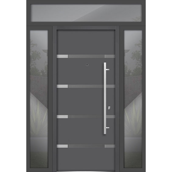 Front Exterior Prehung Steel Door | Top Right & Left Side Black Glass | Deux 1105 | Gray Graphite - 12 + 36 + 12’’