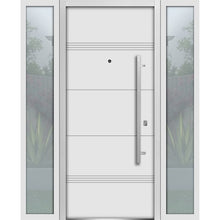 Load image into Gallery viewer, Front Exterior Prehung Steel Door | Right &amp; Left Side White Glass | Deux 1705 | Enamel - 12 + 36 + 12’’ x 80’’