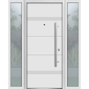 Front Exterior Prehung Steel Door | Right & Left Side White Glass | Deux 1705 | Enamel - 12 + 36 + 12’’ x 80’’