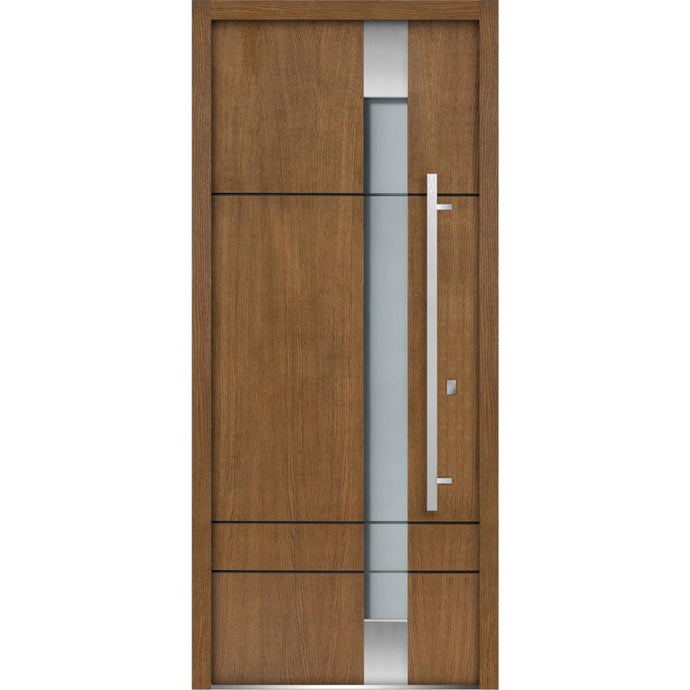 Front Exterior Prehung Frosted Glass Steel Door | Deux 1713 | Natural Oak - 36’’ x 80’’ Right-Hand Inswing - Home Doors