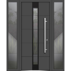 Front Exterior Prehung Steel Door | Right & Left Side Black Glass | Deux 1717 | Gray Graphite