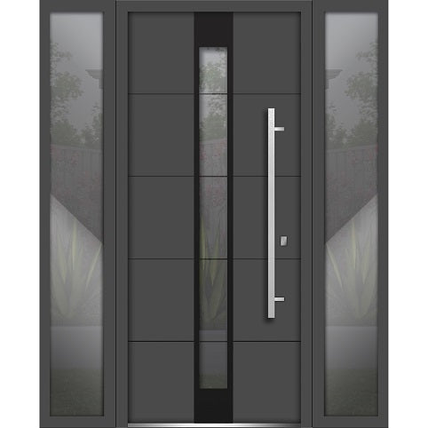 Front Exterior Prehung Steel Door | Right & Left Side Black Glass | Deux 1717 | Gray Graphite - 12 + 36 + 12’’ x