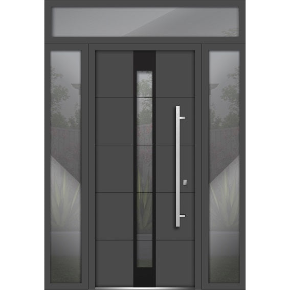 Front Exterior Prehung Steel Door | Top Right & Left Side Black Glass | Deux 1717 | Gray Graphite - 12 + 36 + 12’’