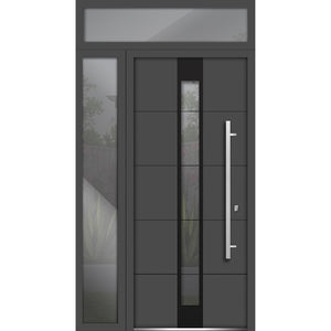 Front Exterior Prehung Steel Door | Top & Left Side Black Glass | Deux 1717 | Gray Graphite - 36 + 12’’ x 80