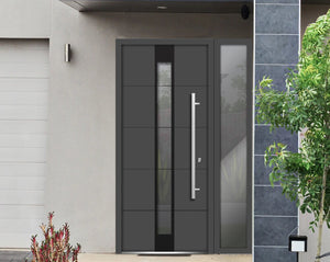 Front Exterior Prehung Steel Door | Right Side Black Glass | Deux 1717 | Gray Graphite - Home Doors