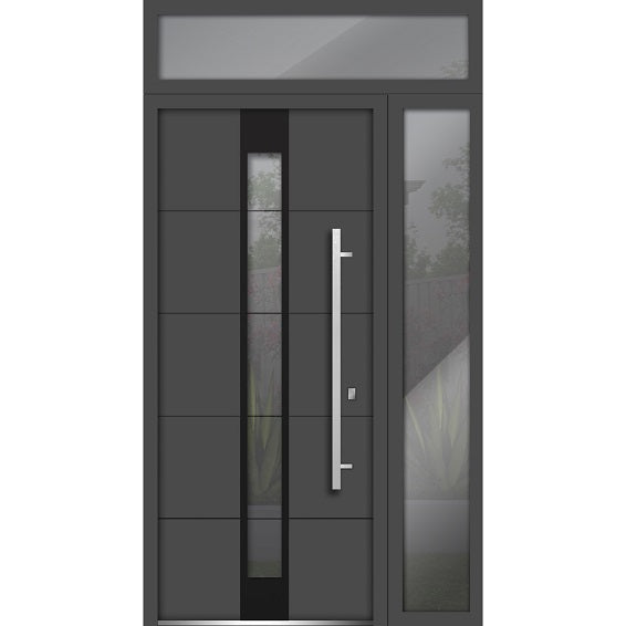 Front Exterior Prehung Steel Door | Top & Right Side Black Glass | Deux 1717 | Gray Graphite - 36 + 12’’ x 80