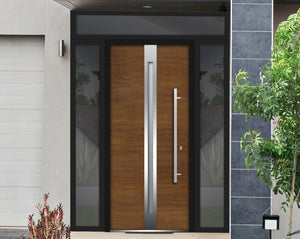 Front Exterior Prehung Steel Door | Top, Right & Left Side Black Glass | Deux 1744 | Natural Oak