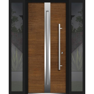 Front Exterior Prehung Steel Door | Right & Left Side Black Glass | Deux 1744 | Natural Oak - 12 + 36 + 12’’ x