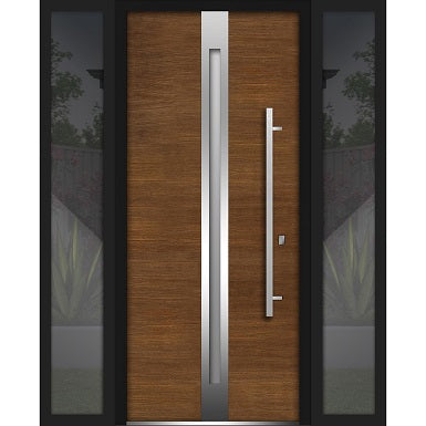 Front Exterior Prehung Steel Door | Right & Left Side Black Glass | Deux 1744 | Natural Oak