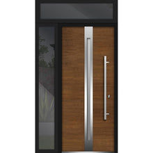 Load image into Gallery viewer, Front Exterior Prehung Steel Door | Top &amp; Left Side Black Glass | Deux 1744 | Natural Oak