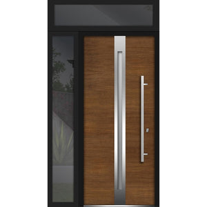 Front Exterior Prehung Steel Door | Top & Left Side Black Glass | Deux 1744 | Natural Oak