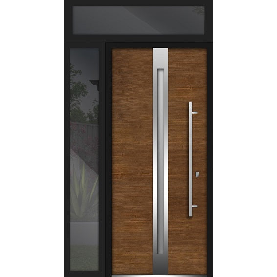 Front Exterior Prehung Steel Door | Top & Left Side Black Glass | Deux 1744 | Natural Oak - 36 + 12’’ x 80