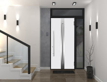 Load image into Gallery viewer, Front Exterior Prehung Steel Door | Top &amp; Left Side Black Glass | Deux 1744 | Natural Oak