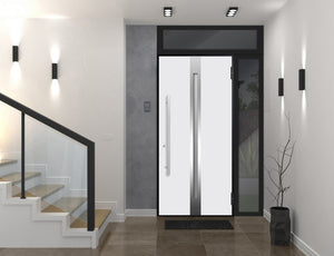 Front Exterior Prehung Steel Door | Top & Left Side Black Glass | Deux 1744 | Natural Oak