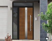 Load image into Gallery viewer, Front Exterior Prehung Steel Door | Top &amp; Left Side Black Glass | Deux 1744 | Natural Oak