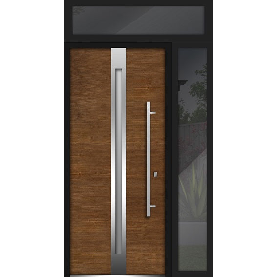 Front Exterior Prehung Steel Door | Top & Right Side Black Glass | Deux 1744 | Natural Oak - 36 + 12’’ x 80