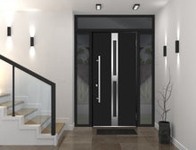 Load image into Gallery viewer, Front Exterior Prehung Steel Door | Top, Right &amp; Left Side Black Glass | Deux 1755 | Black Enamel