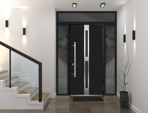 Front Exterior Prehung Steel Door | Top, Right & Left Side Black Glass | Deux 1755 | Black Enamel