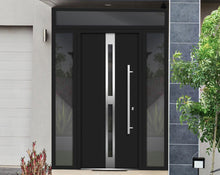 Load image into Gallery viewer, Front Exterior Prehung Steel Door | Top, Right &amp; Left Side Black Glass | Deux 1755 | Black Enamel