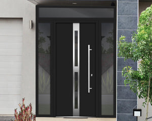 Front Exterior Prehung Steel Door | Top, Right & Left Side Black Glass | Deux 1755 | Black Enamel