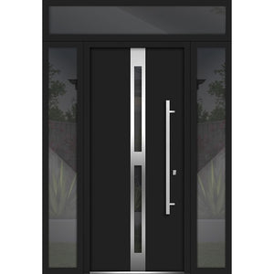 Front Exterior Prehung Steel Door | Top, Right & Left Side Black Glass | Deux 1755 | Black Enamel