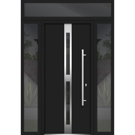 Front Exterior Prehung Steel Door | Top, Right & Left Side Black Glass | Deux 1755 | Black Enamel