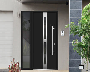 Front Exterior Prehung Steel Door | Left Side Black Glass | Deux 1755 | Black Enamel